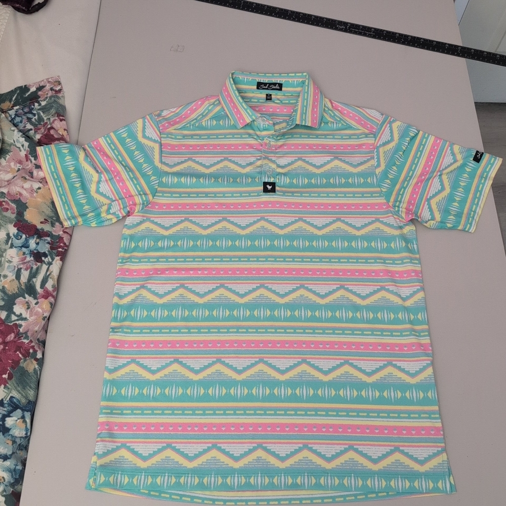 Bad Birdie Men's Polo with Pink, Green, and Yellow Patterns Small